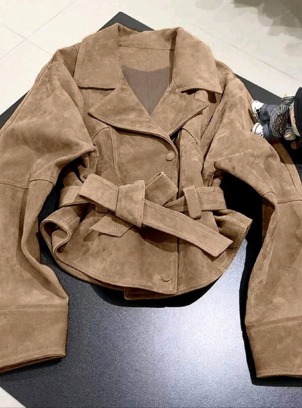 Faux Suede Belted Cropped Jacket - Brown